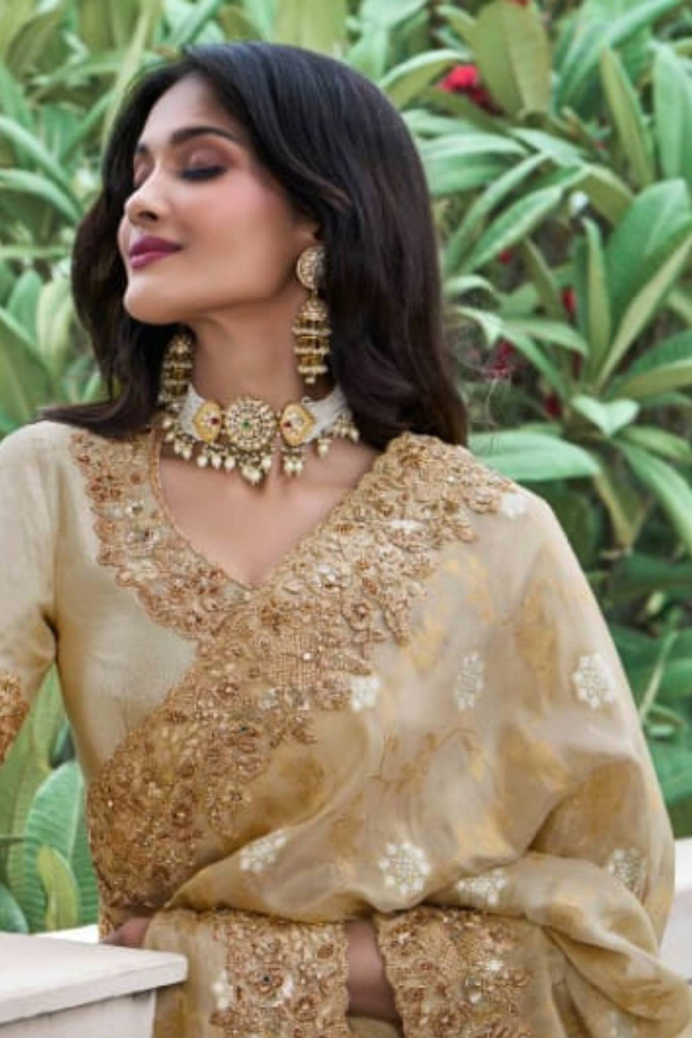 Gold Pure Tissue Silk Fabric With Embroidery Stone Real Mirror Work