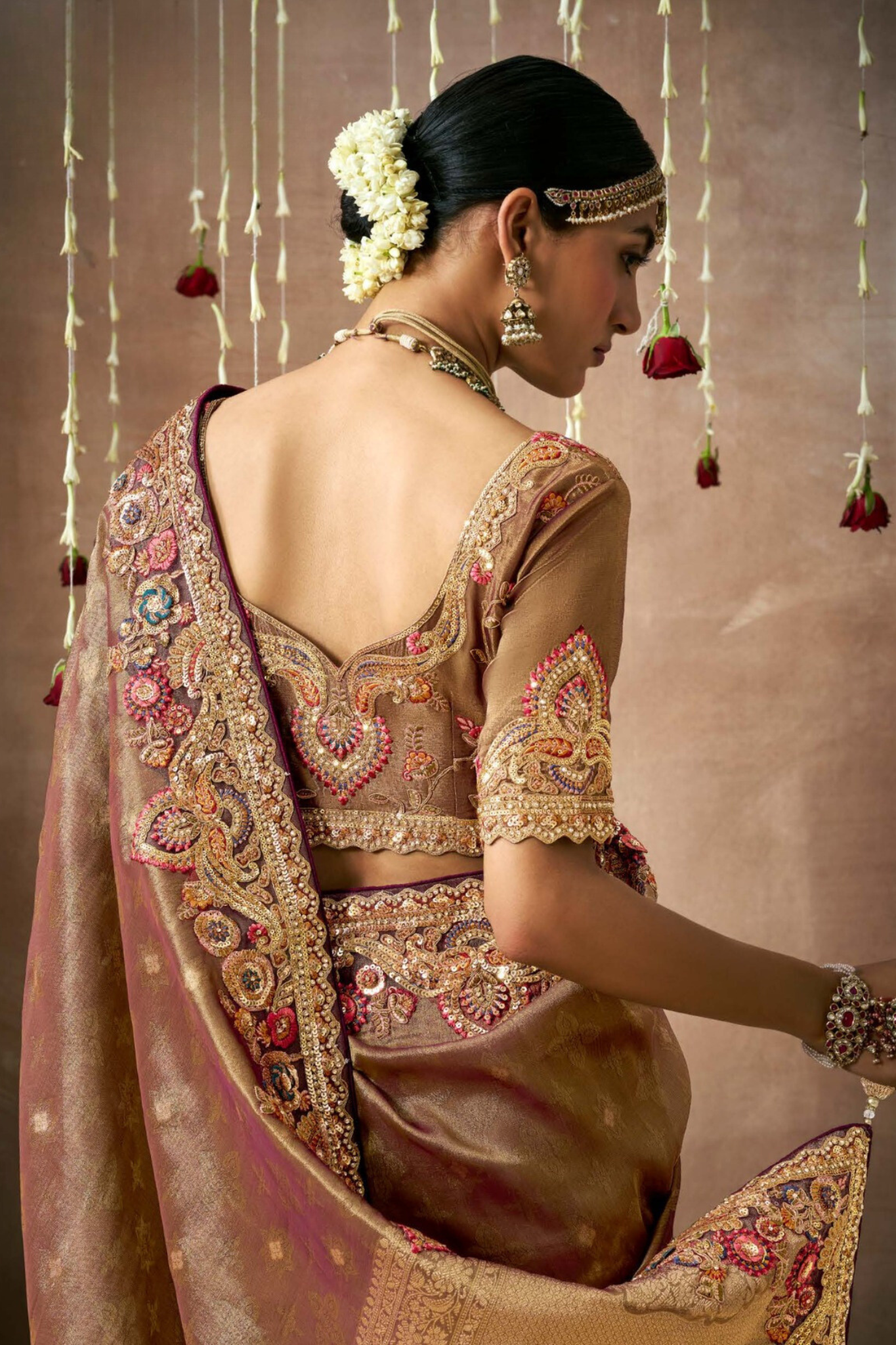 Brown Organza Silk Embroidered Sequins Saree