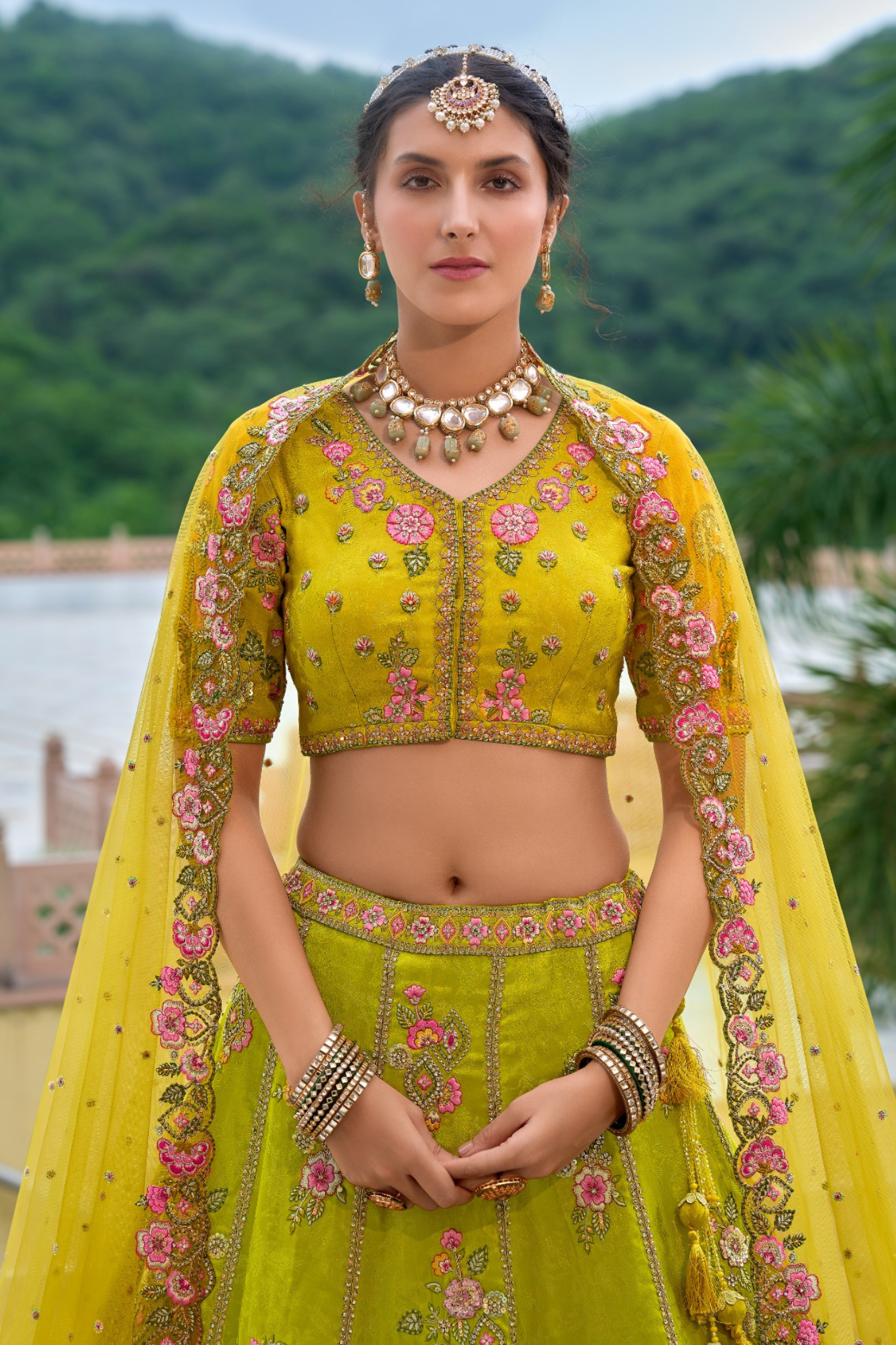 Yellow and Pink Embroidered Silk Lehenga Set