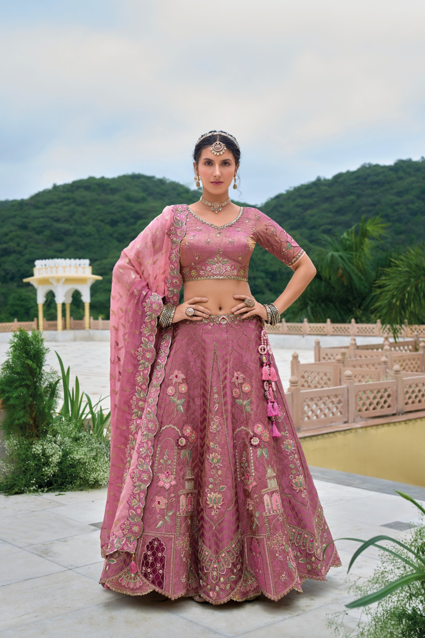 Mauve Pink Embroidered Silk Lehenga Set