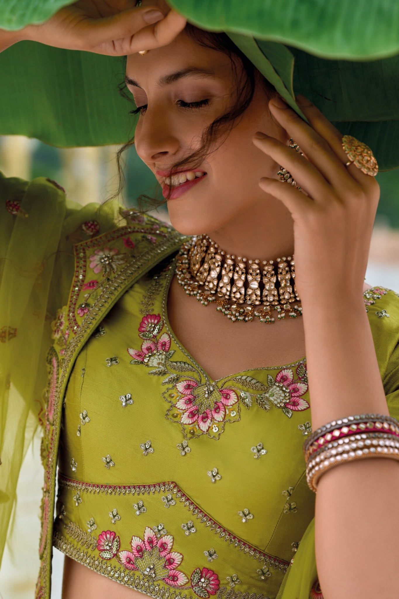 Lime Green and Pink Embroidered Silk Lehenga Set