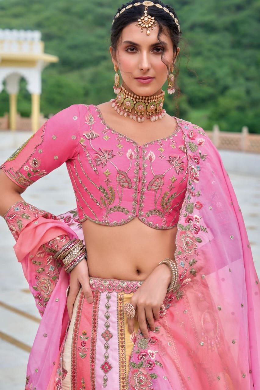 Pink Colour Embroidered Silk Lehenga Set