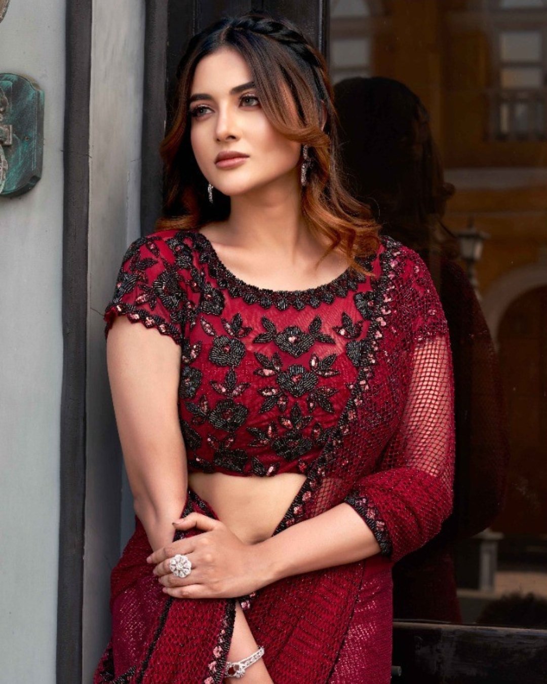 Cherry Red Two Tone Satin Silk Wedding Wear Beads Work Saree With Blouse