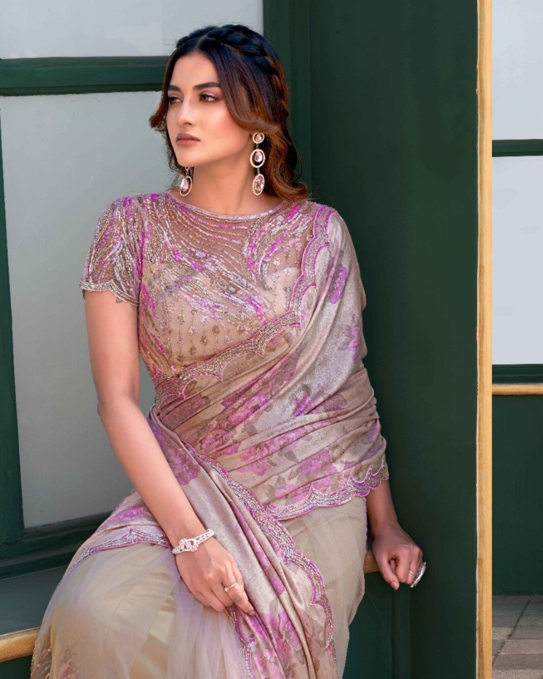 Butterfly Net beige Colour Wedding Wear Beads Work Saree With Blouse