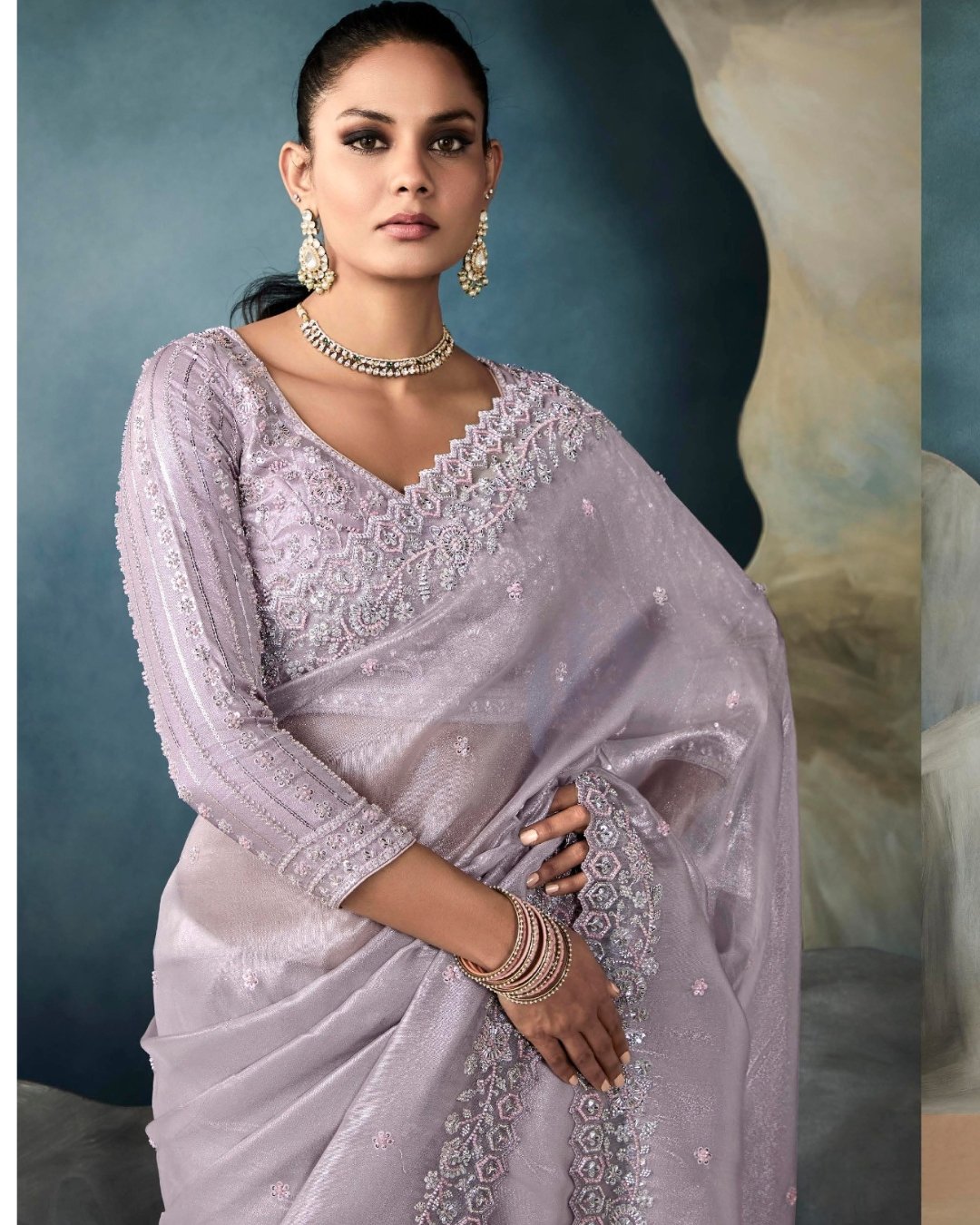 Lavendar colour Tissue Contemporary Saree Wedding Wear Beads Work Saree With Blouse