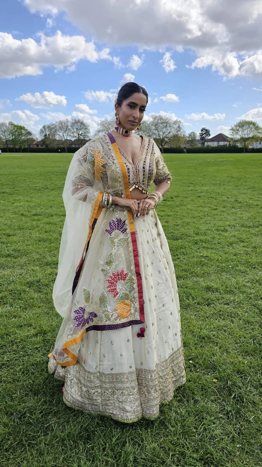 Ivory Designer full choli Embroidery Tissue Silk Lehenga Set