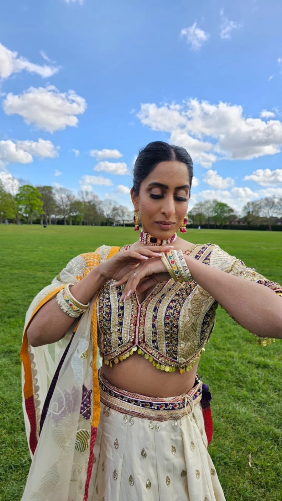 Ivory Designer full choli Embroidery Tissue Silk Lehenga Set