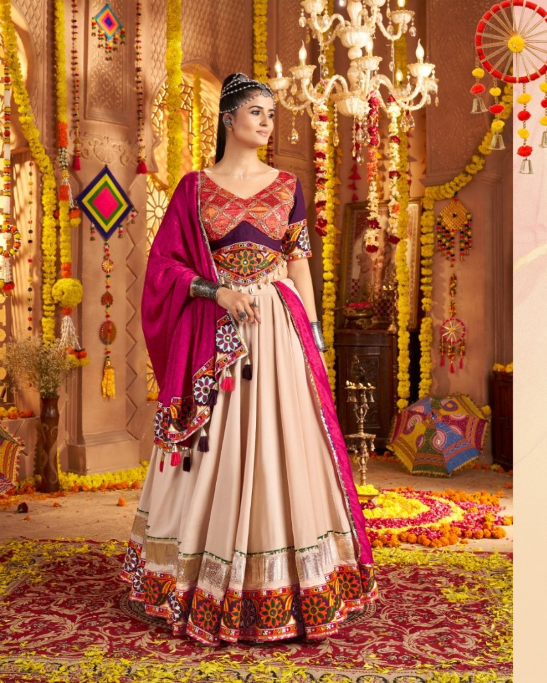 Cream & pink Multi Thread Embroidered & Gota patti Work Navratri Choli