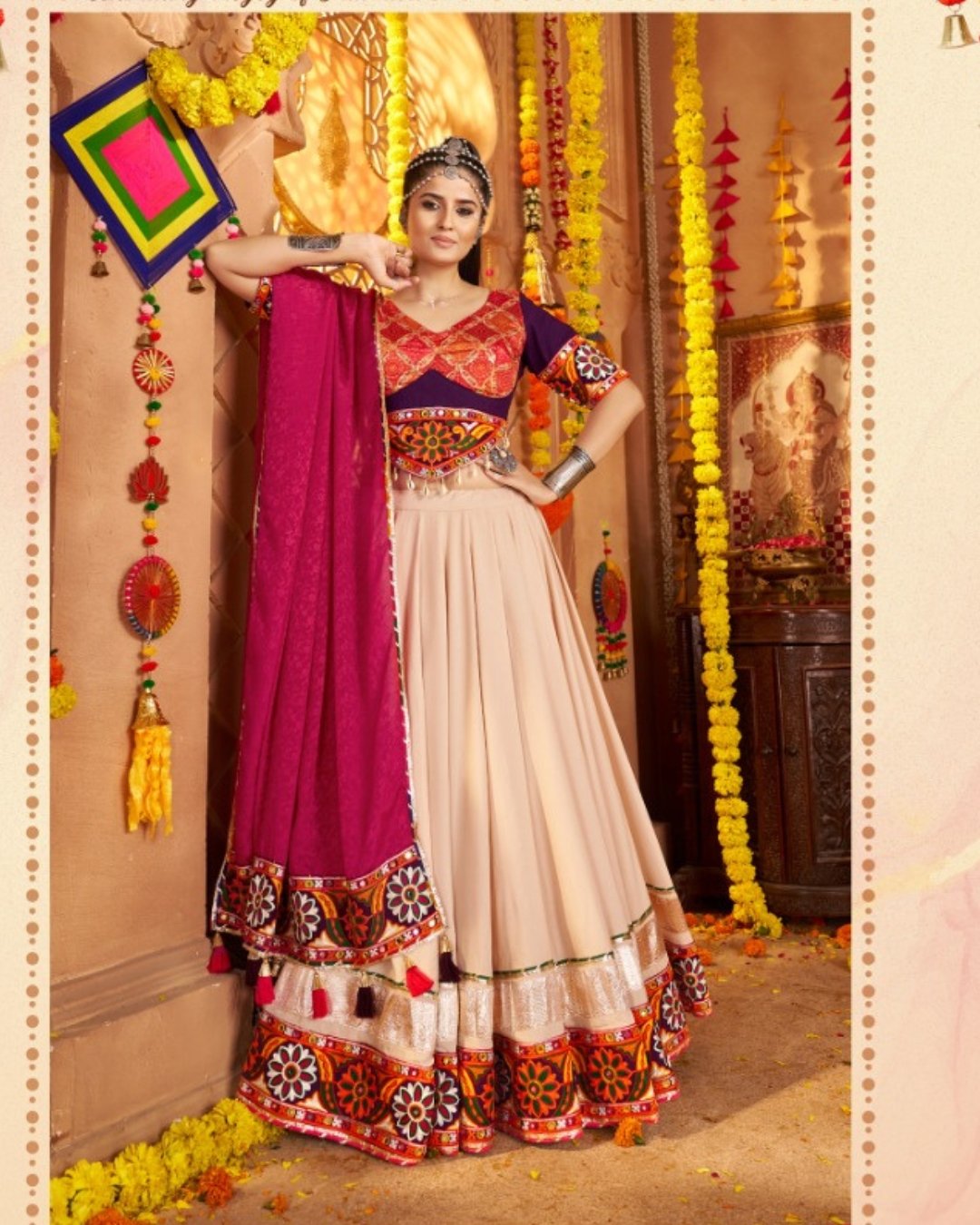 Cream & pink Multi Thread Embroidered & Gota patti Work Navratri Choli