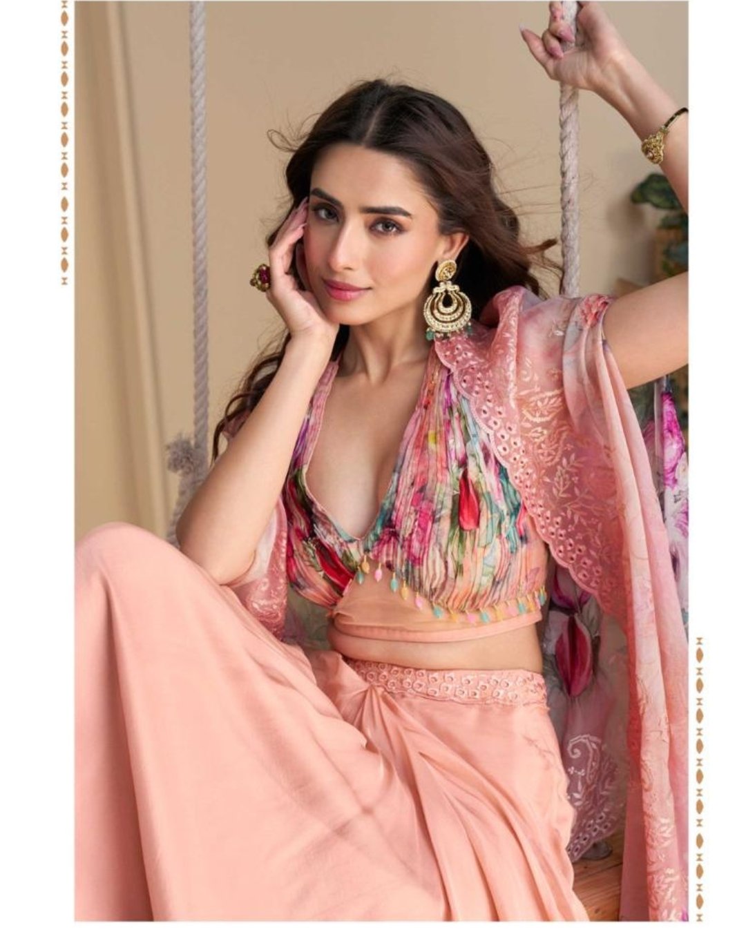 Printed Blush Tone Real Chinon & Silk Digital Print Top & PLazzo