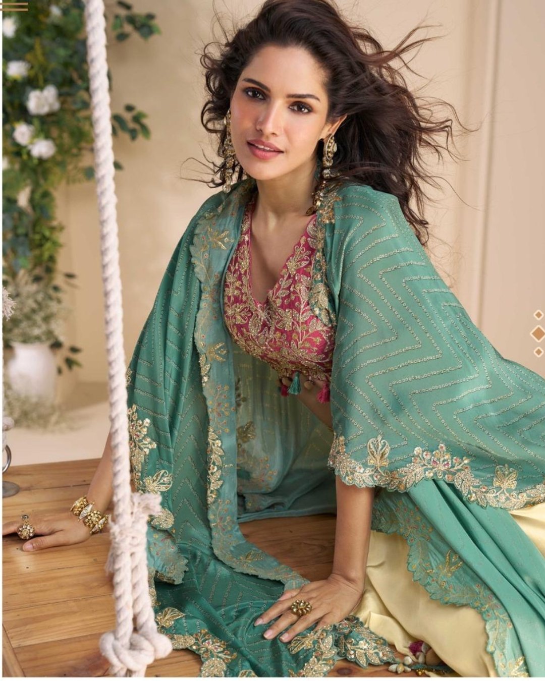 Turquoise Tone Real Chinon & Silk Digital Print Top & PLazzo