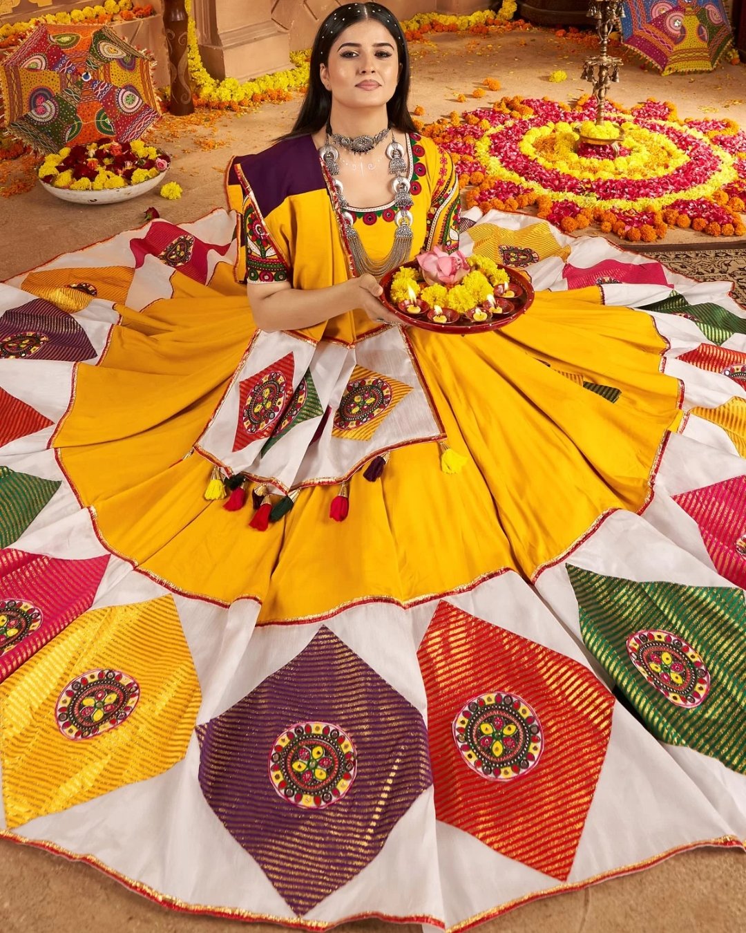 Yellow Colour Thread Embroidered & Gota patti Work Navratri Choli