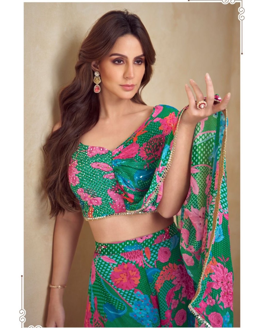 Printed Green Designer Partywear Dress Real Chinon & Silk Digital Print Top & PLazzo