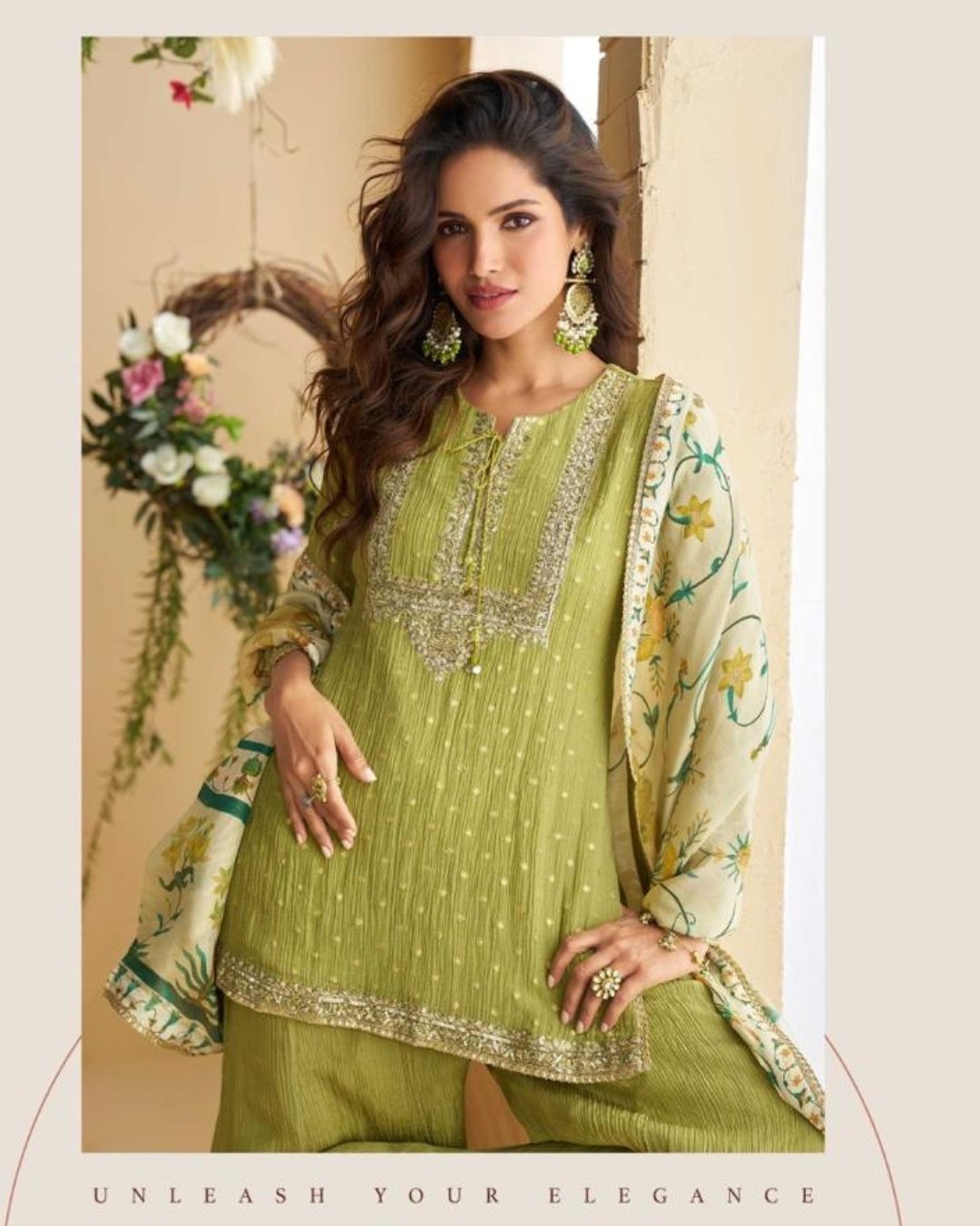 Light Green REAL PREMIUM CHINON SILK EMBROIDERED TOP WITH PLAZZO AND DUPATTA