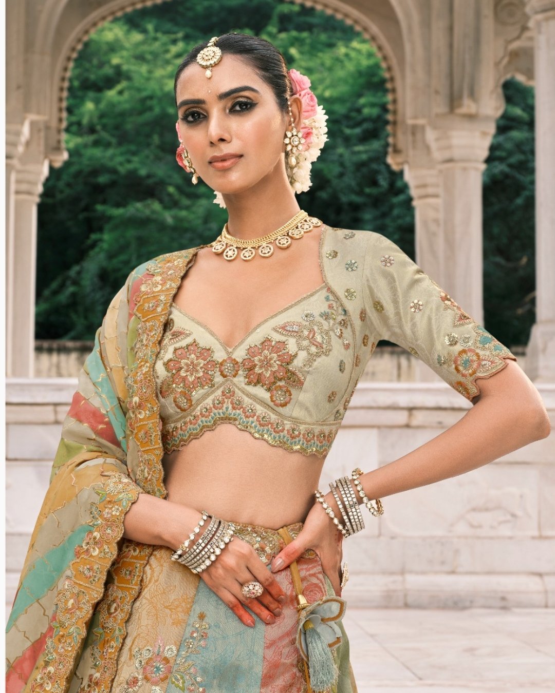 Pastel Floral Embroidered Bridal Lehenga with Embroidered Bridal Lehenga thread work lehenga set