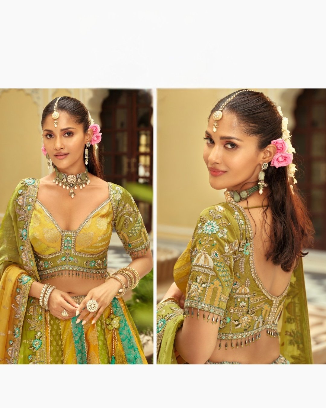 Green Multi Colour Floral Embroidered Bridal Lehenga with Embroidered Bridal Lehenga thread work lehenga set