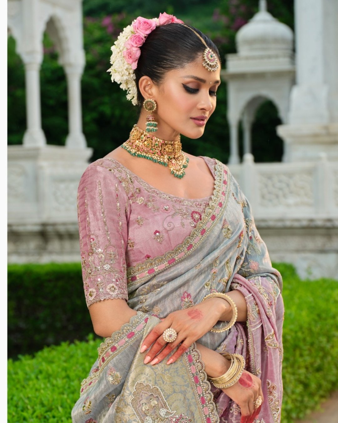 Dual Shade Tissue Zari Saree with Olive Green Embroidered Border & Silk Blouse