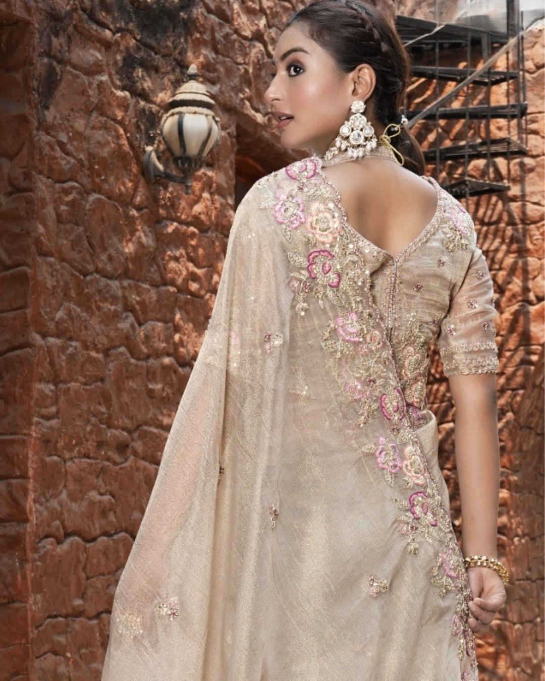 Beige Silk Hand Embroidered Stone And Beads Work Saree Wedding Sarees